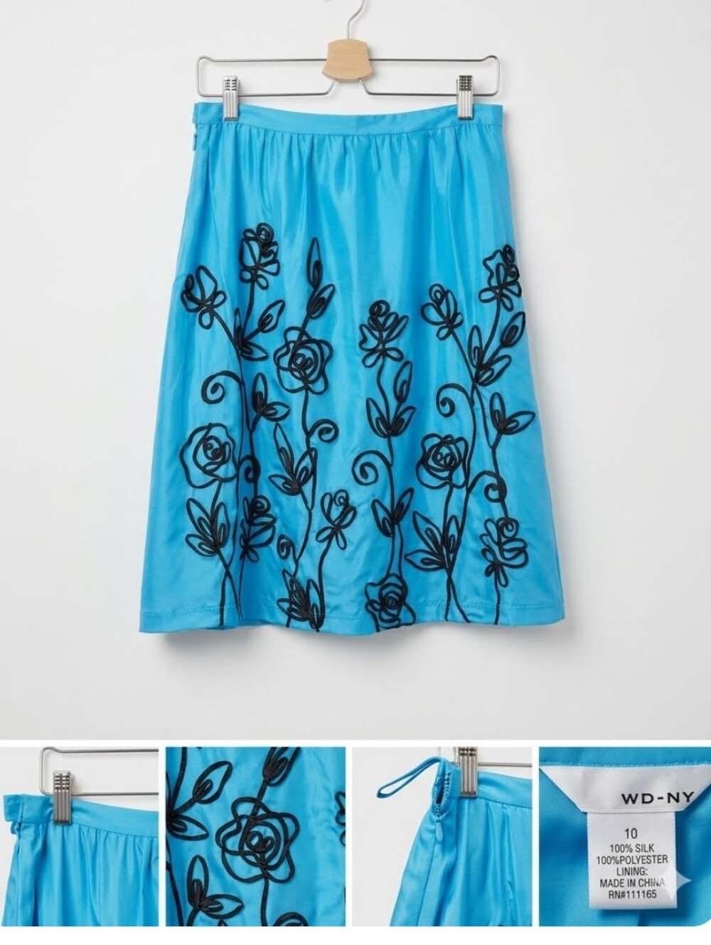WDNY 100% Silk Blue Malibu Black Ribon Embroidered Midi Skirt Size 10